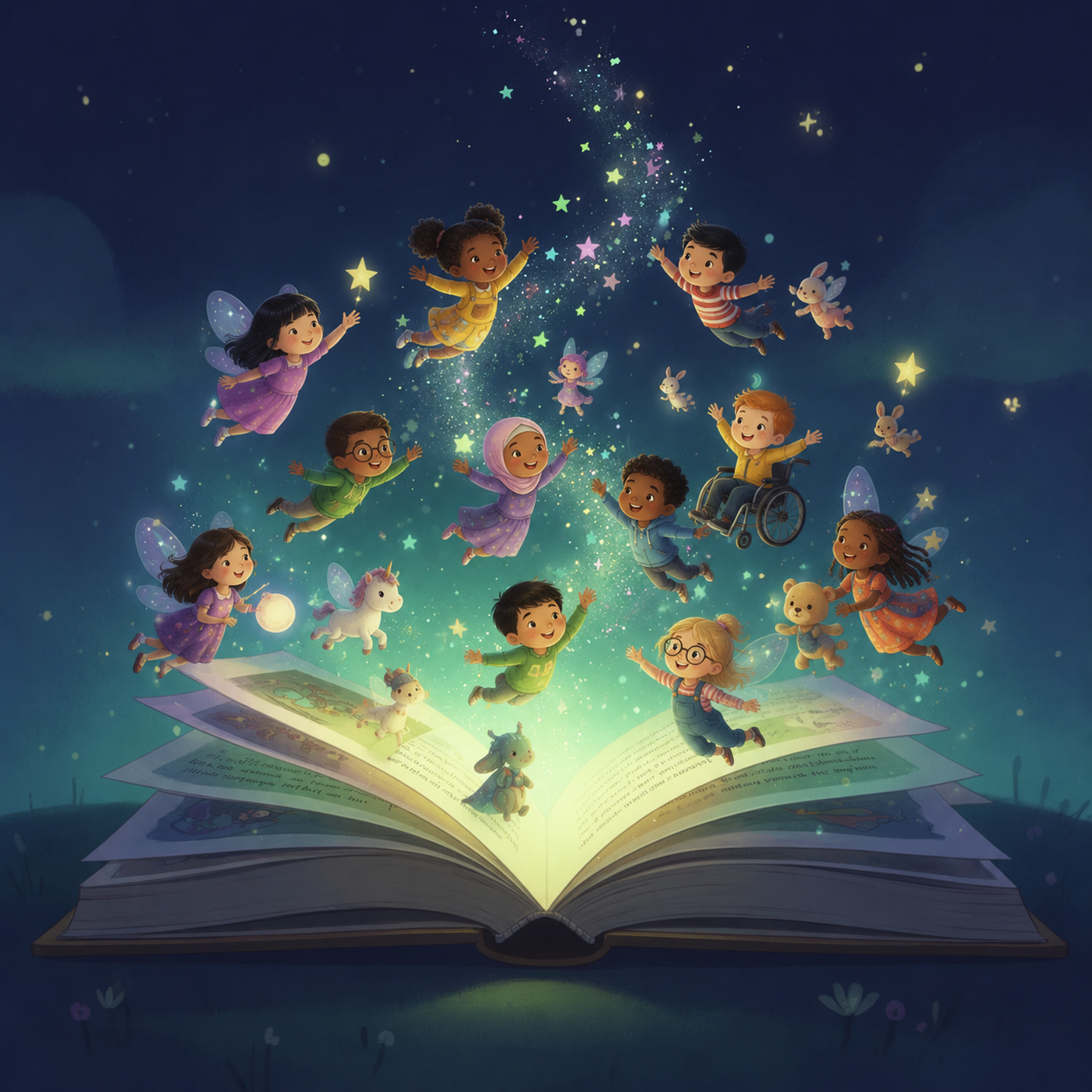 Illustrated storybook glowing with small story characters above the pages